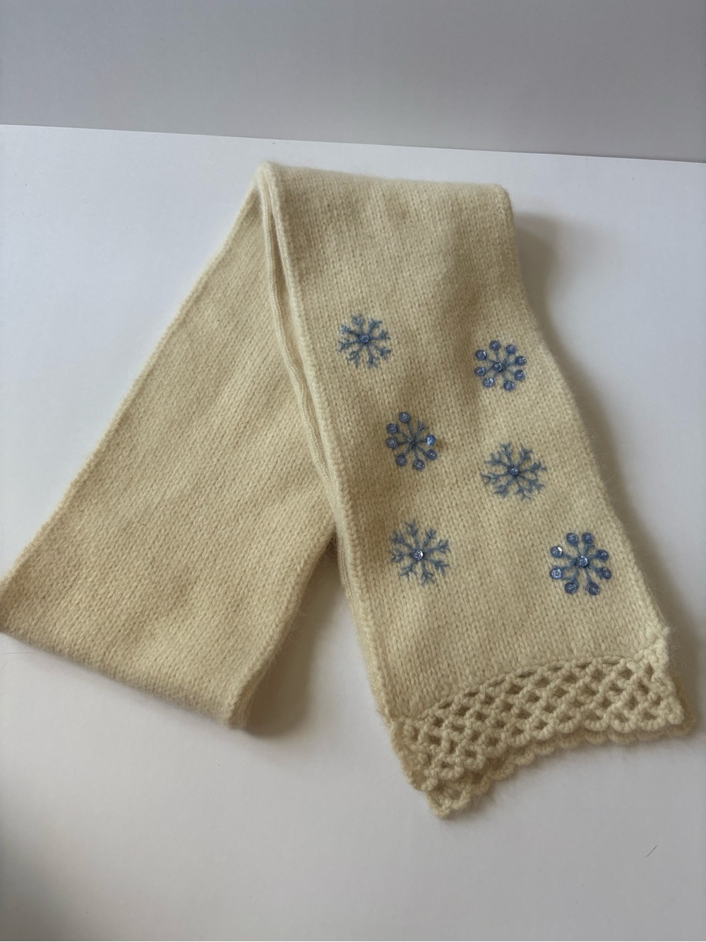 J.Smith Ivory Angora Wool Knit Blue Sequin Snowflake Warm Soft Scarf Y2K Artsy